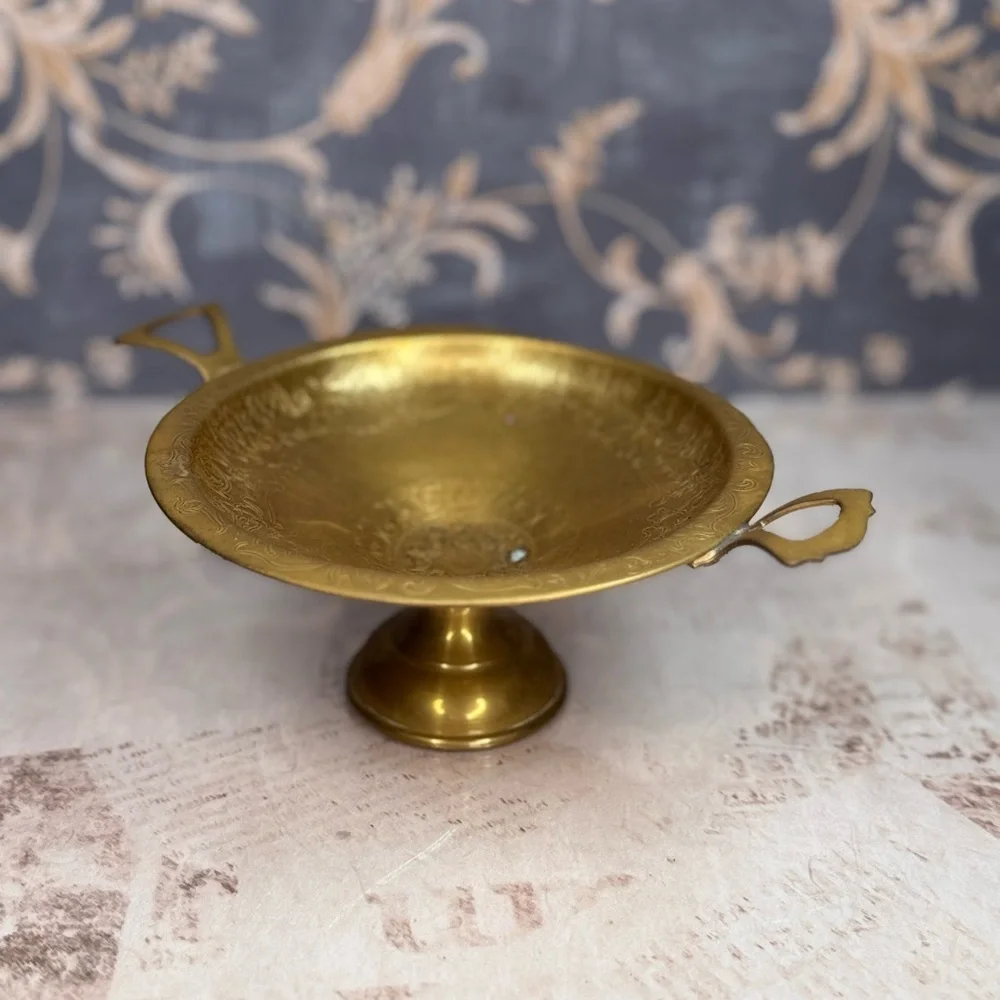 Antique Style Brass Pedestal Bowl w Handles Etched Footed Dish